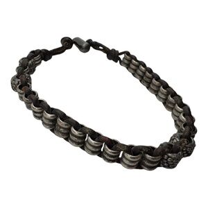 Rustic Woven Leather & Metal Beaded Bracelet with Barrel Clasp‎ – Vintage Look